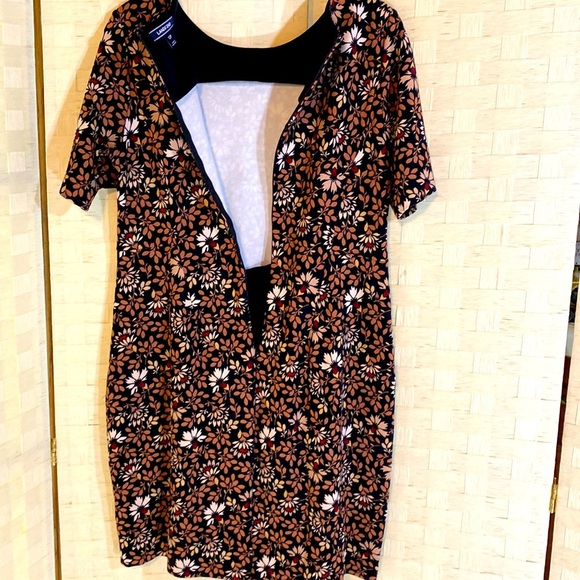 LANDS’ END Size 12P Stretchy Sheath Dress BROWN BLACK CREAM FLORAL EUC - Picture 6 of 13